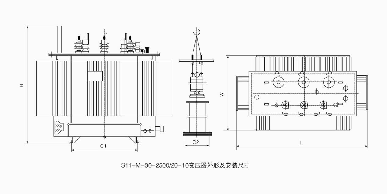 S11-M-30-2500/20-10变压器外形及安装尺寸